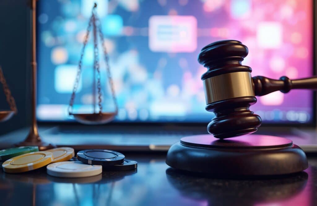 Gavel, poker chips, scales of justice sit on dark surface. Blurred laptop screen with colorful digital interface in background. Image represents online gambling laws, justice cyber regulation